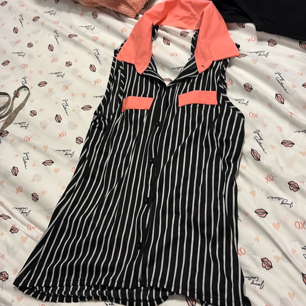 Black and White Striped Sleeveless Blouse with Pink Accents